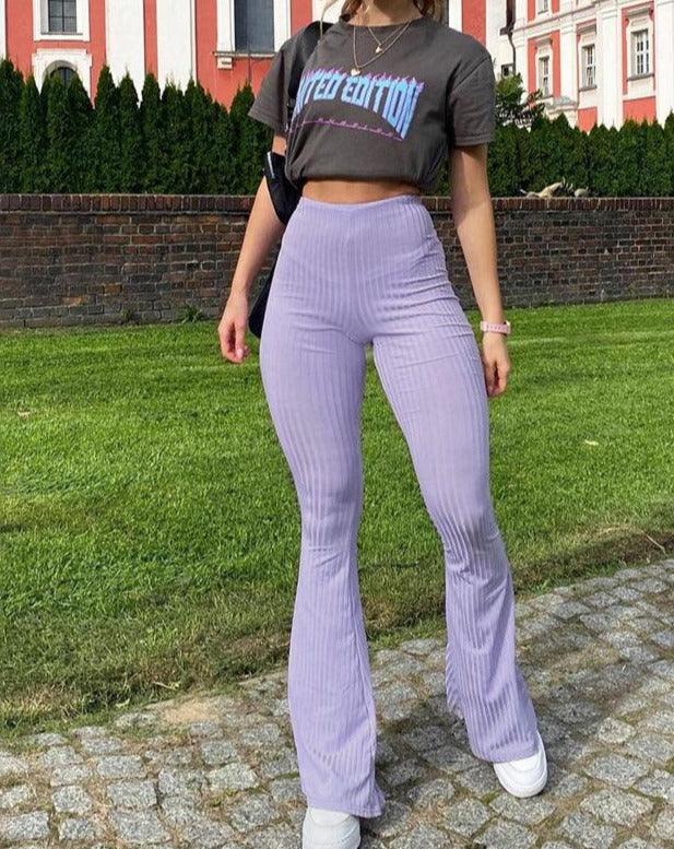 Y2K Solid Knit High Waist Flare Pants Purple Tight Pants Sexy