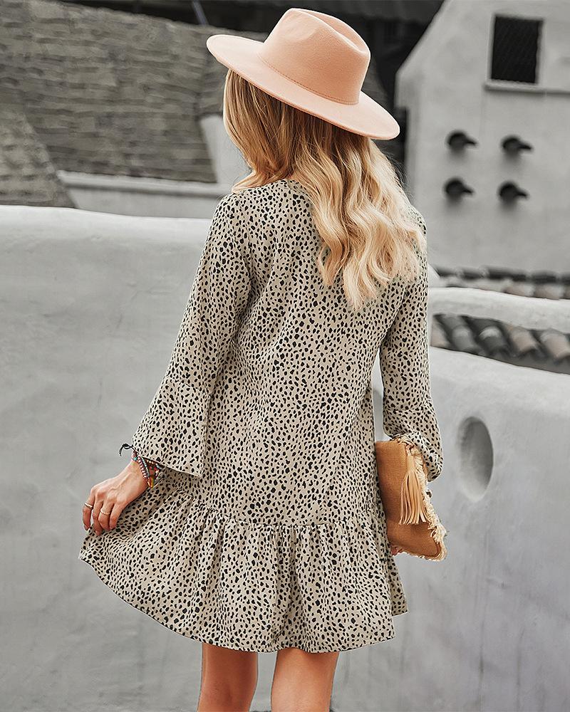Boho Leopard Print Long Sleeve Mini Dress beige