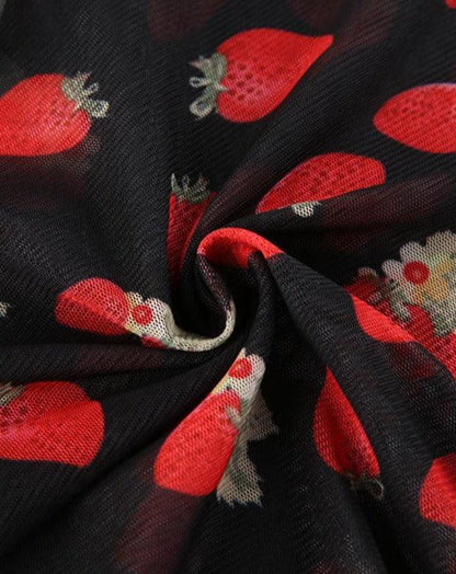 black Strawberry Printed Mesh Sling Top