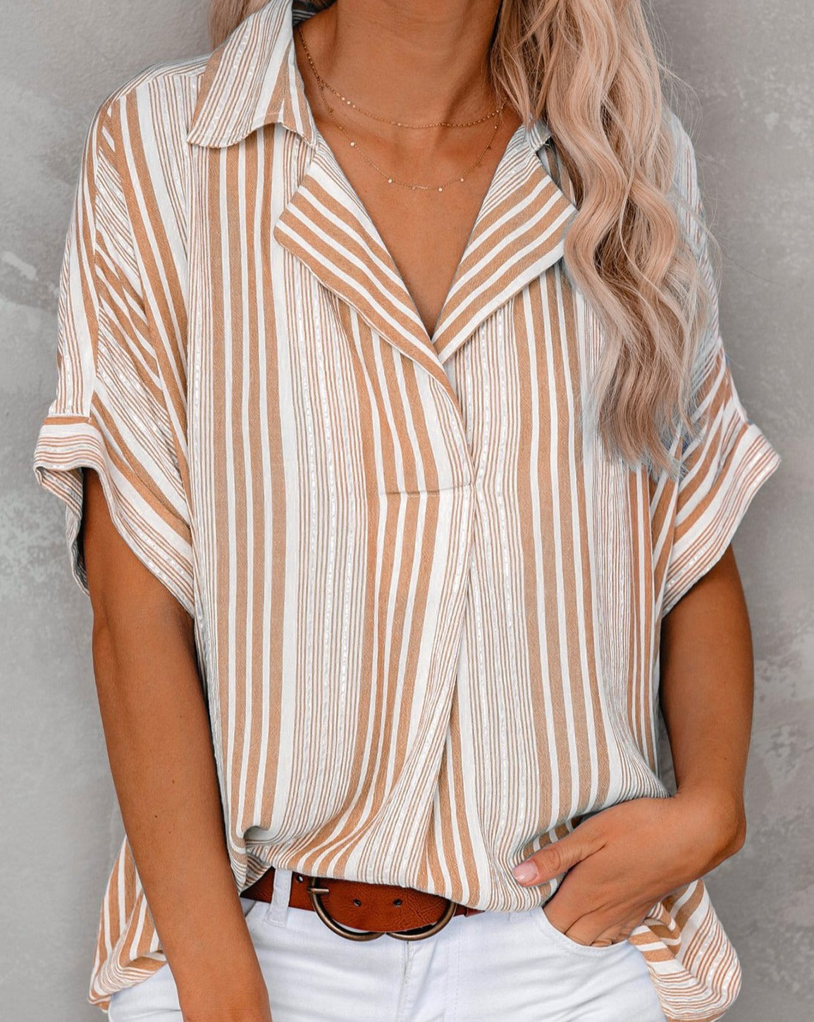 Striped Print V-Neck Short Sleeve Shirt
