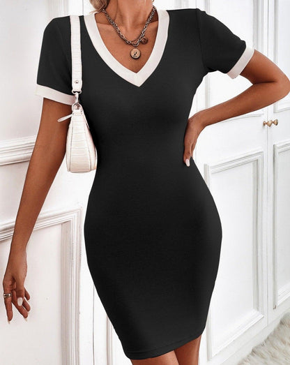 Short Sleeve V-Neck Bodycon Dress black