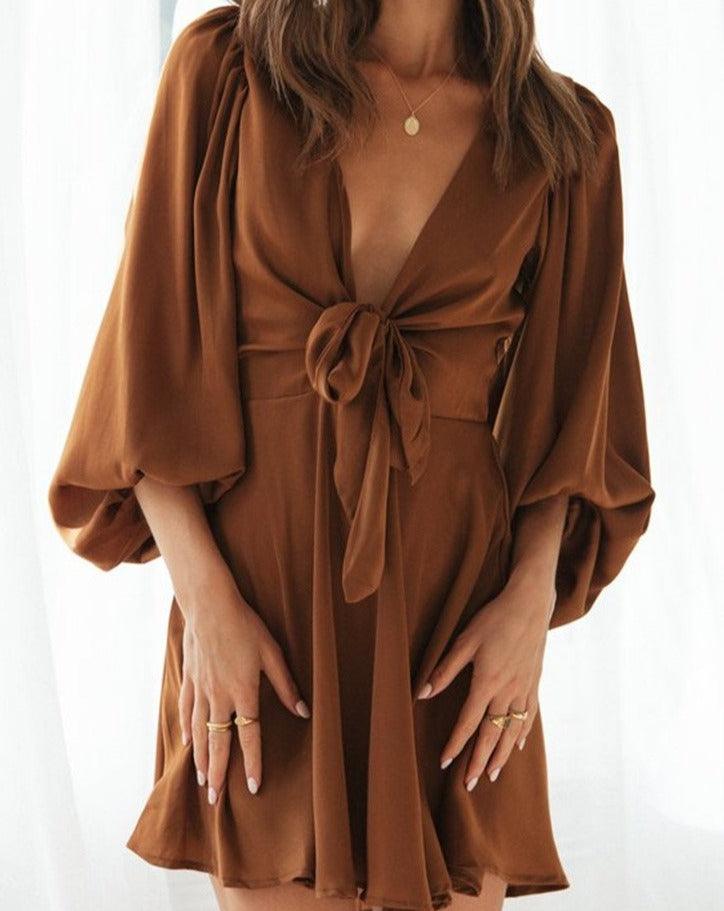 Solid Long Lantern Sleeve V-Neck Mini Dress brown