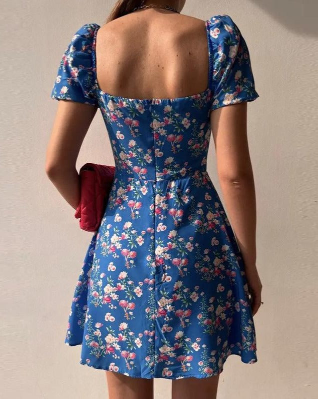 Floral Short Puff Sleeve Squareneck Milkmaid Dress Blue