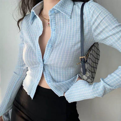 Checkered Lapel Collar Long Sleeve Top