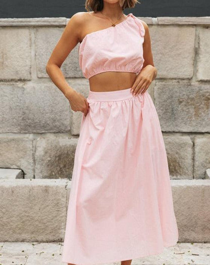 Solid One Shoulder Split Midi Skirt Sets pink