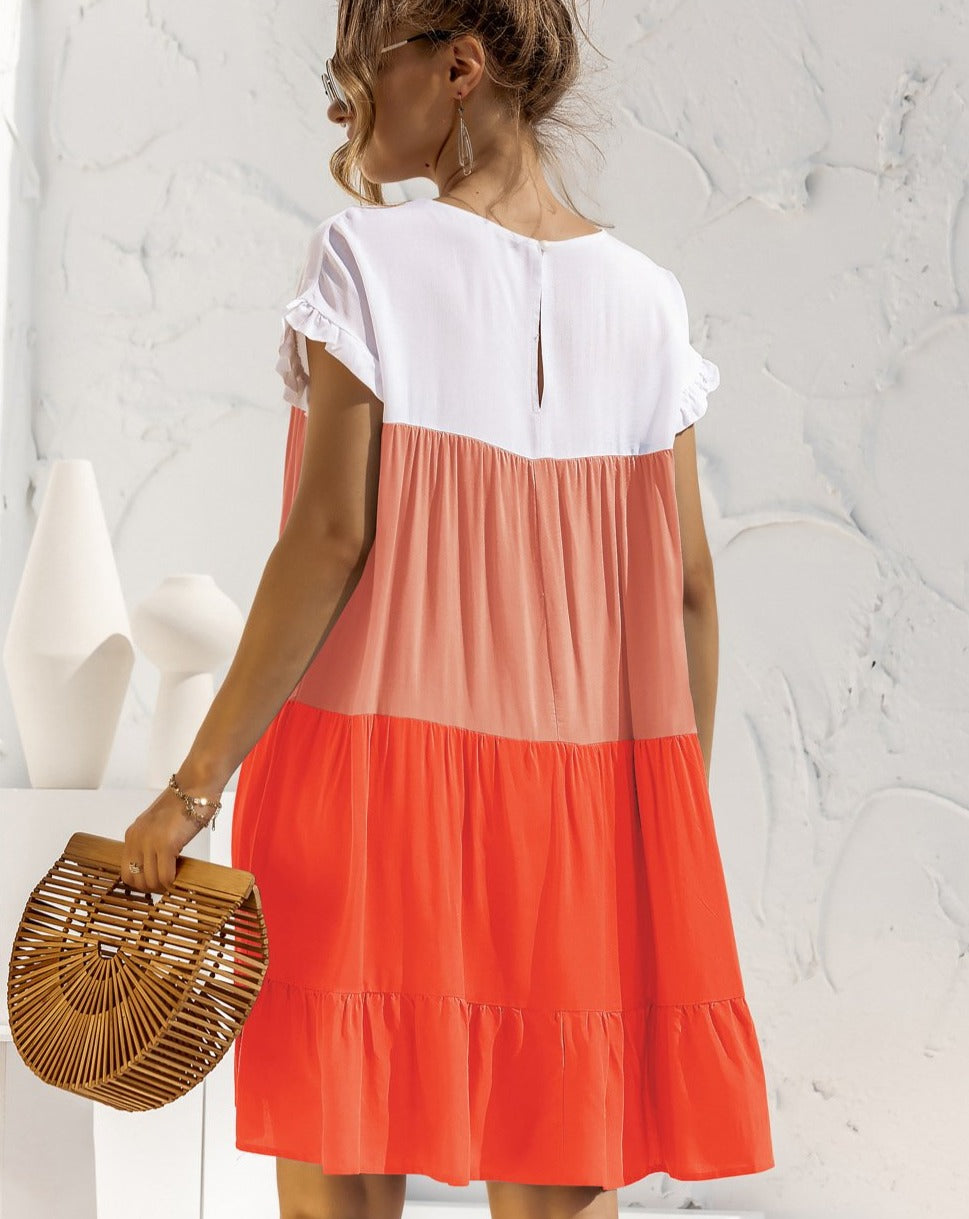 Boho Minimalist Short Sleeve Color Blocks Loose Mini Dress orange