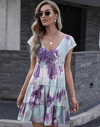 Boho Tie Dye Print Short Sleeve Mini Dress