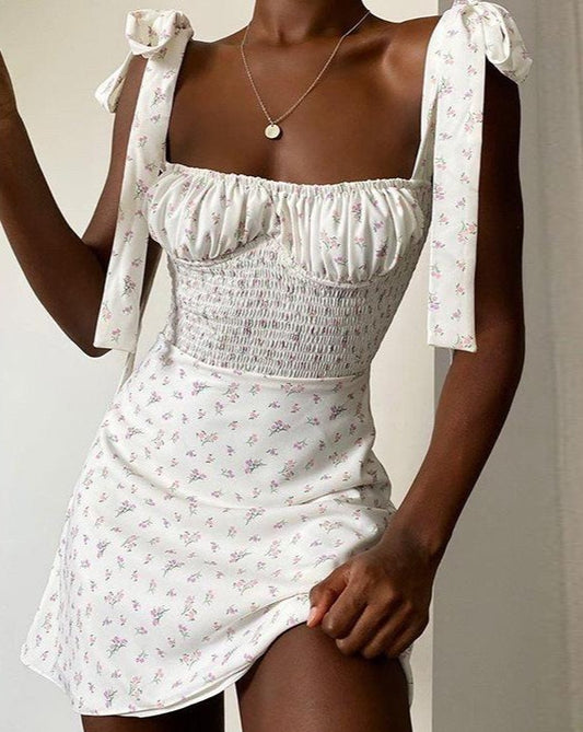 Floral Ruched Tie Strap Mini Dress White