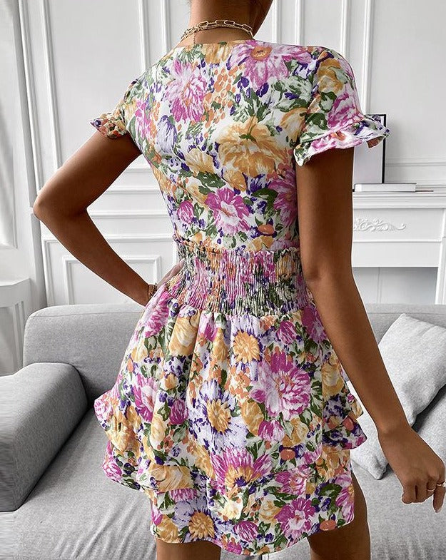 Boho Floral Short Ruffles Sleeve Ruched Mini Dress