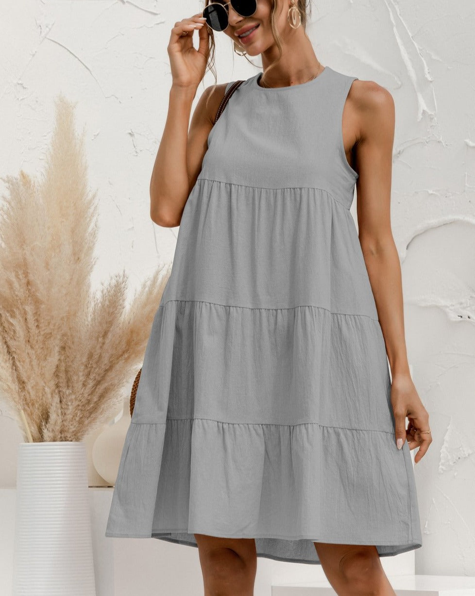 Minimalist Solid Sleeveless Tiered Loose Mini Dress Gray