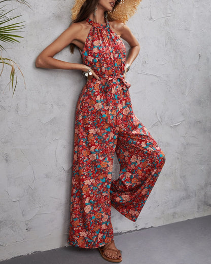 Floral Halter Sleeveless Jumpsuit Red