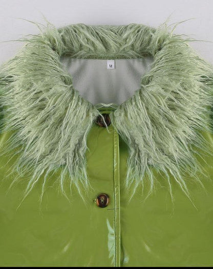 Solid Fur Collar Patchwork PU Jacket green