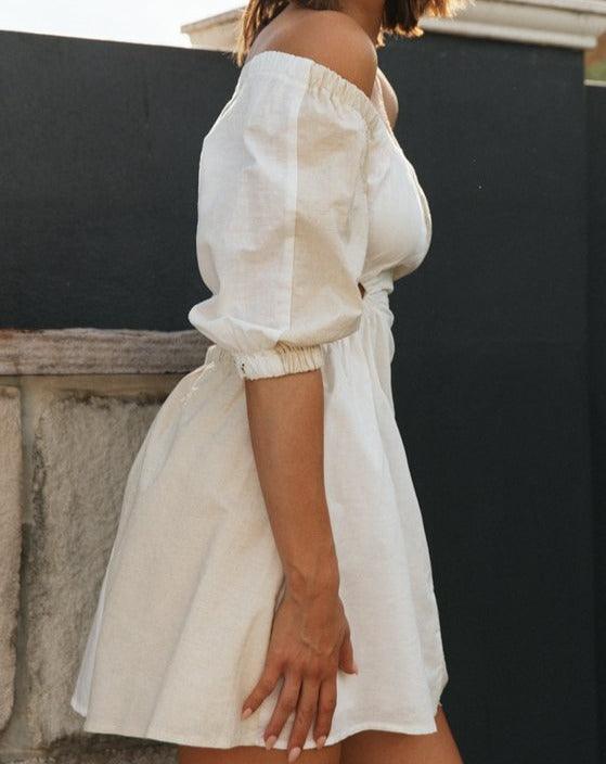 Off Shoulder Mid Lantern Sleeve Mini Dress white