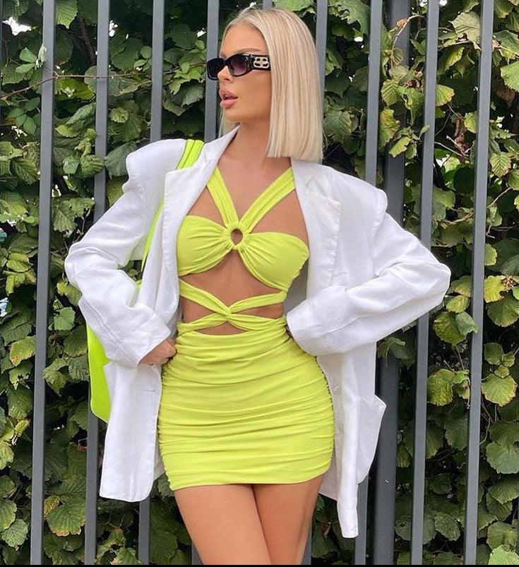 solid color Cut Out Mini Dress yellow