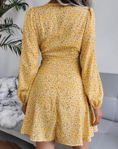 Boho V-Neck Long Sleeve Mini Dress yellow