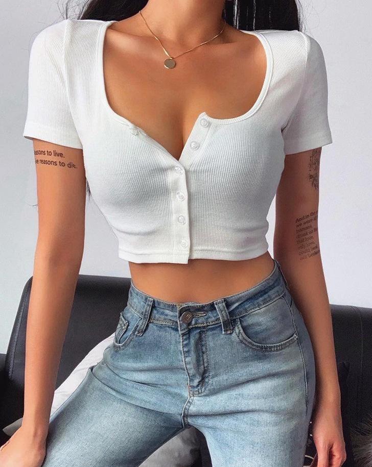 Solid Front Buttons Crop Top