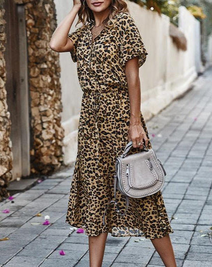 Boho Leopard Print Short Sleeve Midi Dress khaki