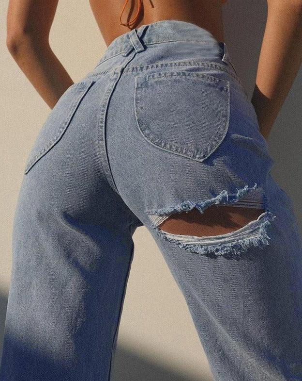 Ripped Hole Straight Jeans blue