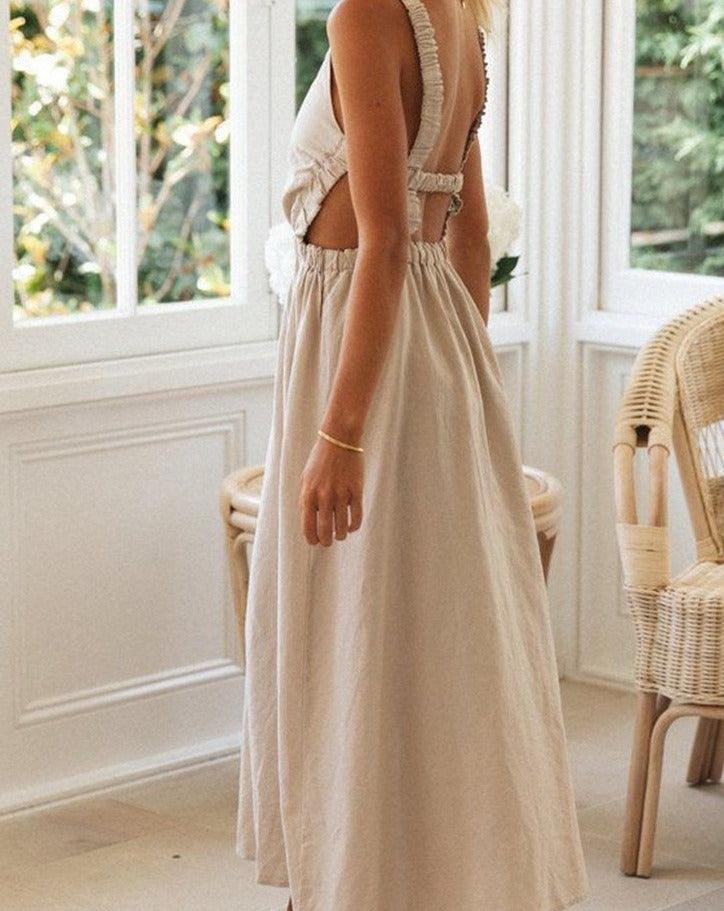 Solid Sleeveless Backless Midi Dress beige