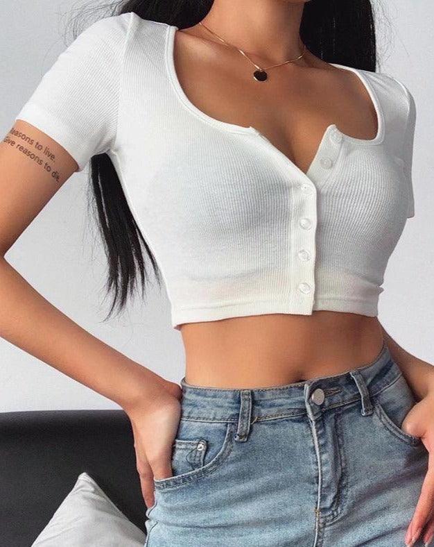 Solid Front Buttons Crop Top