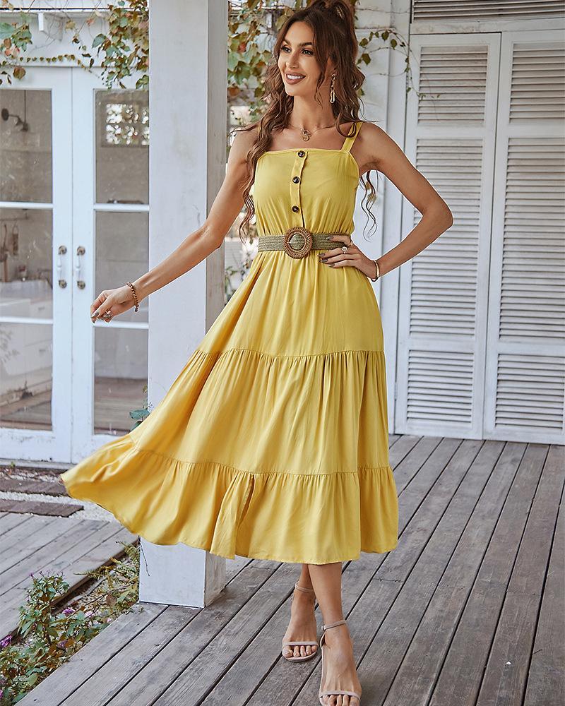 Boho Solid Sleeveless Midi Dress yellow