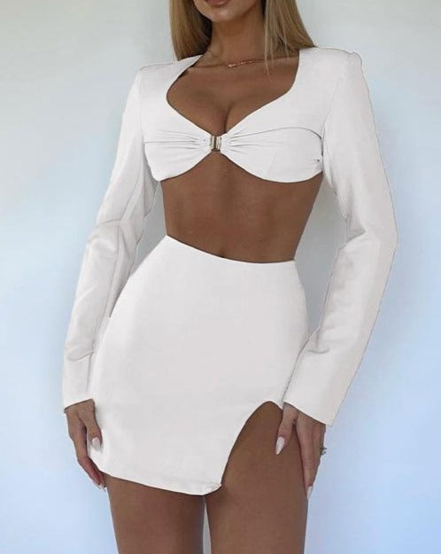Long Sleeve Backless Crop Top Slit Mini Skirt Sets