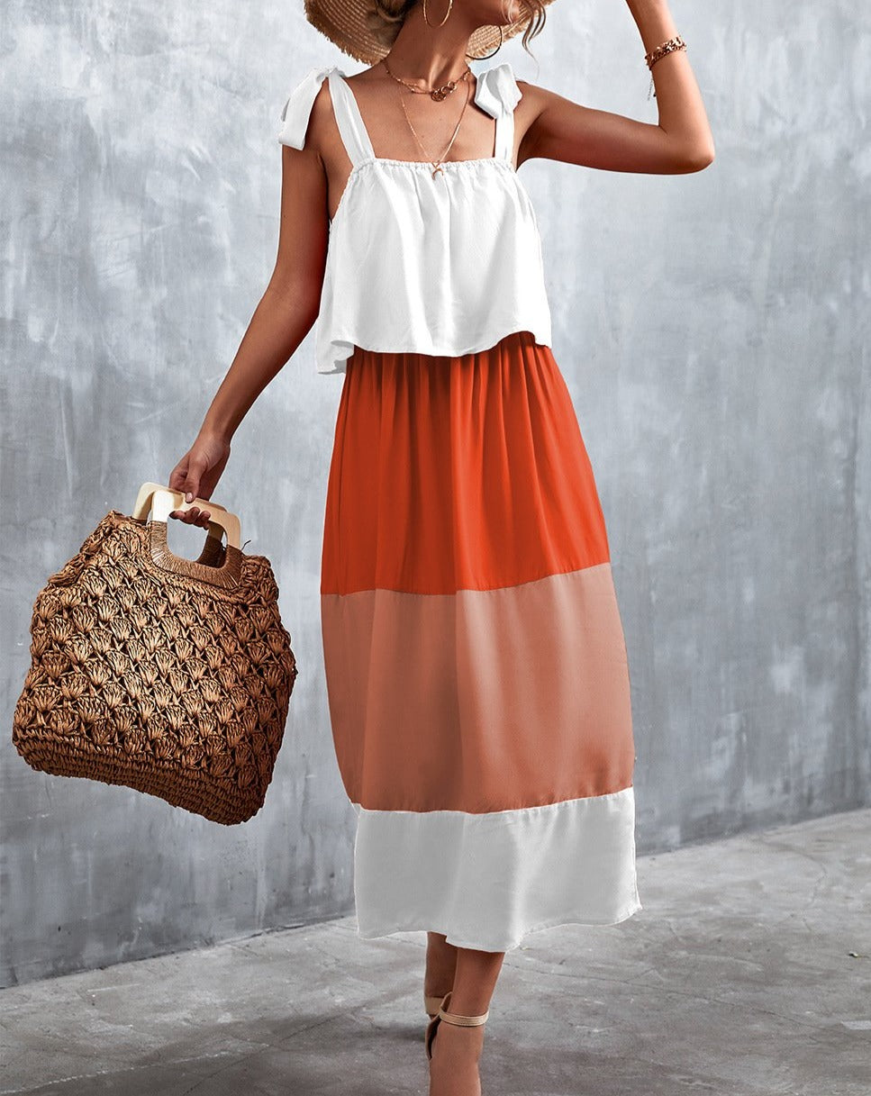 Boho Sleeveless Tie Shoulder Color Blocks Midi Dress Orange & White
