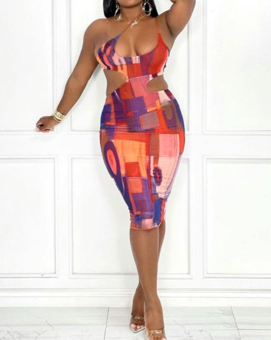 Print Hollow Out Bodycon Dress Red