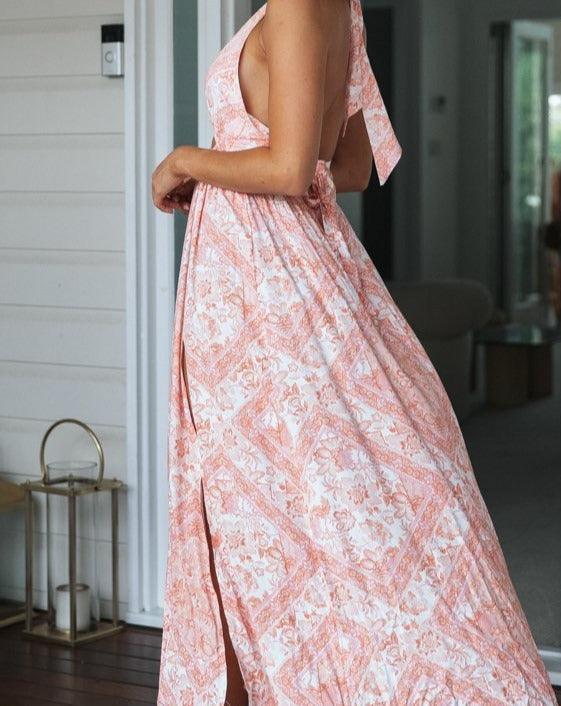 Floral Halter Wrapped Backelss Maxi Dress pink