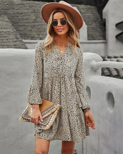 Boho Leopard Print Long Sleeve Mini Dress beige