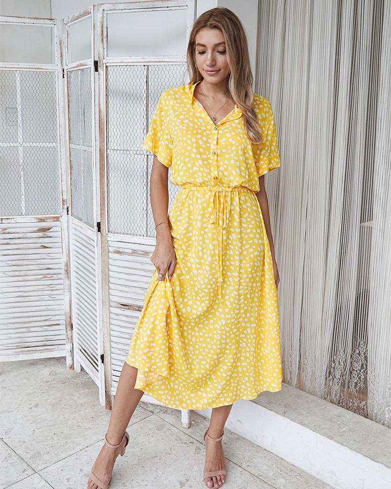 Boho Leopard Print Short Sleeve Midi Dress yellow