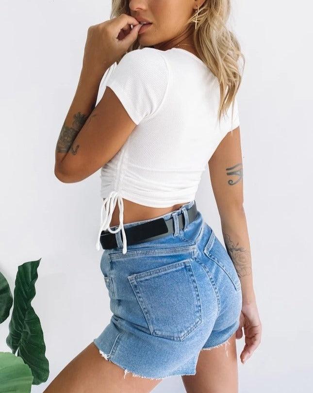 white ribbed Double Side Drawstring Cropped Top