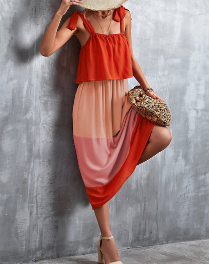 Boho Sleeveless Tie Shoulder Color Blocks Midi Dress Orange & Pink