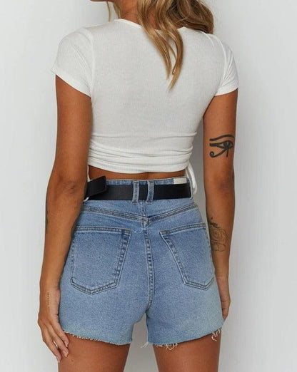 white ribbed Double Side Drawstring Cropped Top