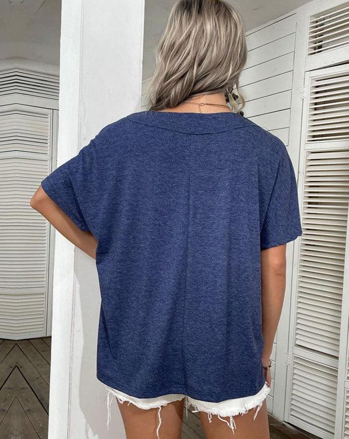 Solid V-Neck Casual Top blue