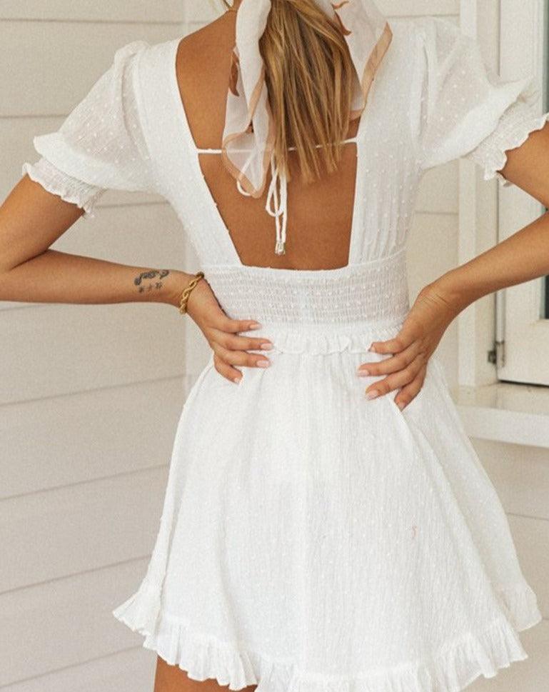 Short Puff Sleeve Backless Milkmaid Dress white