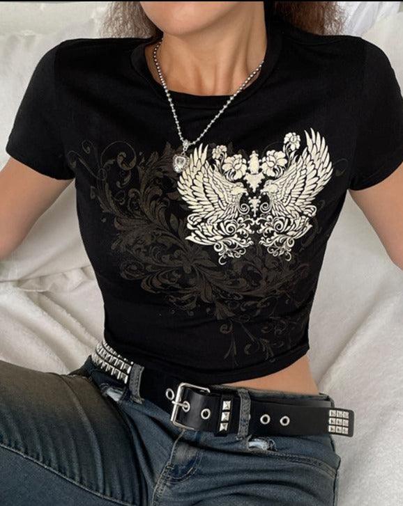 black rhinestone heart wing graphic cropped top