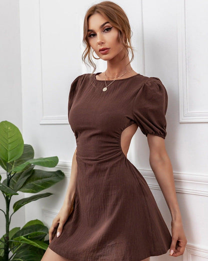 Solid Mid Lantern Sleeve Backless Mini Dress brown