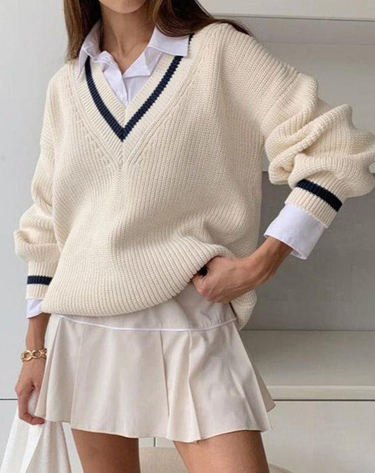white Patchwork Long Sleeve Sweater sport