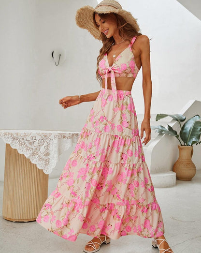 Floral Cami Top Patchwork Maxi Skirt Sets