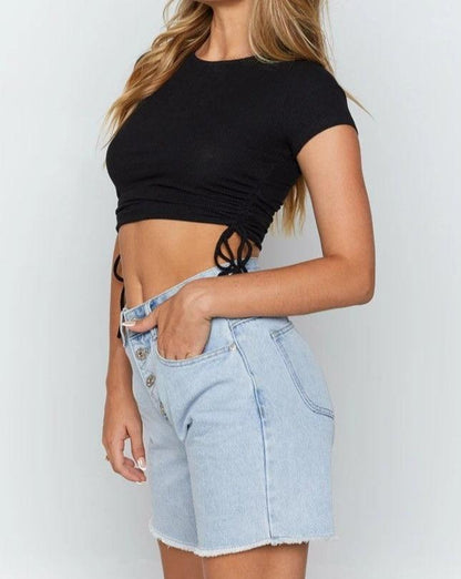 black ribbed Double Side Drawstring Cropped Top