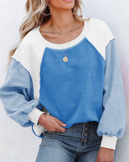 Plush Fleece Long Sleeve Patchwork Sweatshirt Pullover blue