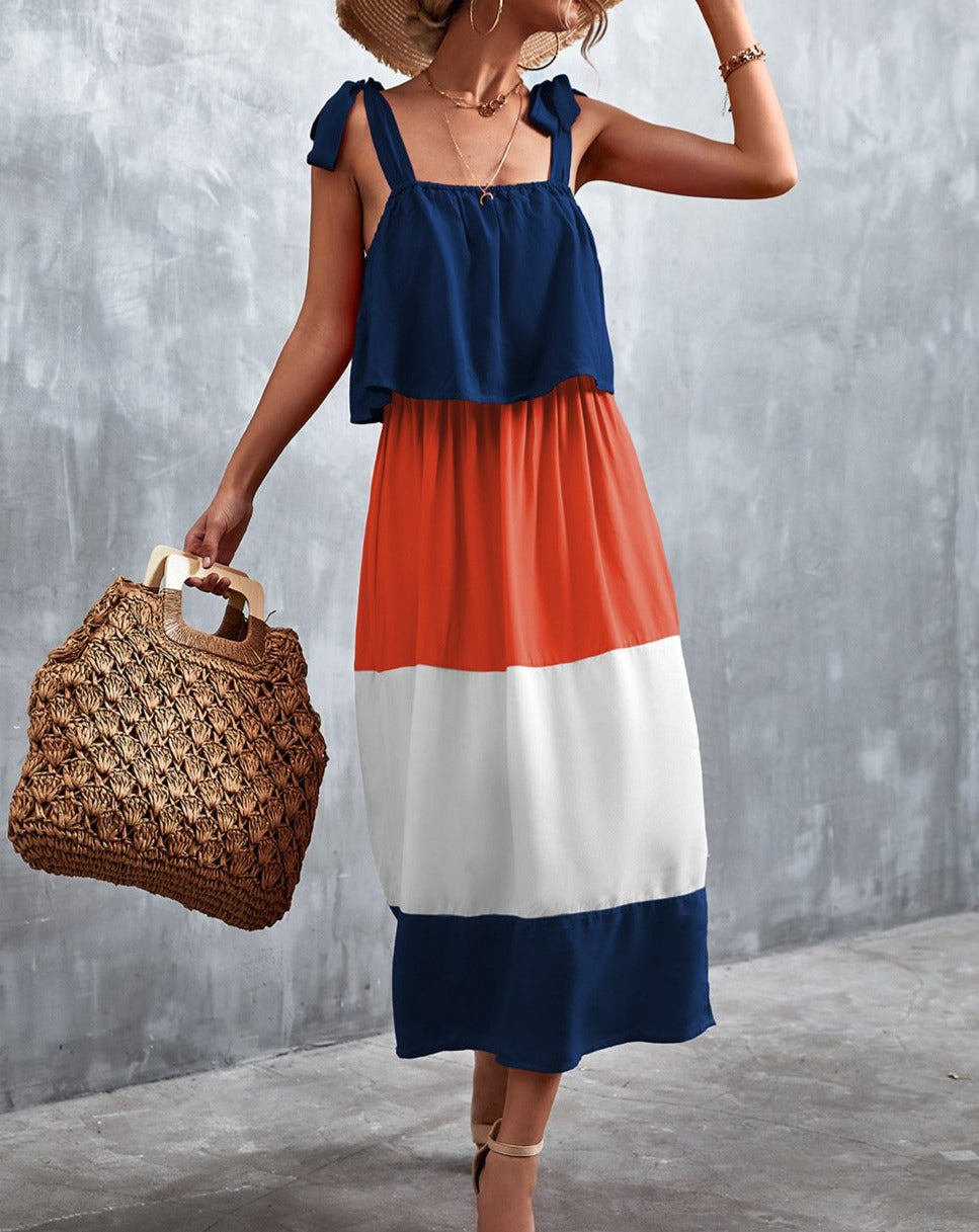 Boho Sleeveless Tie Shoulder Color Blocks Midi Dress Orange & Blue