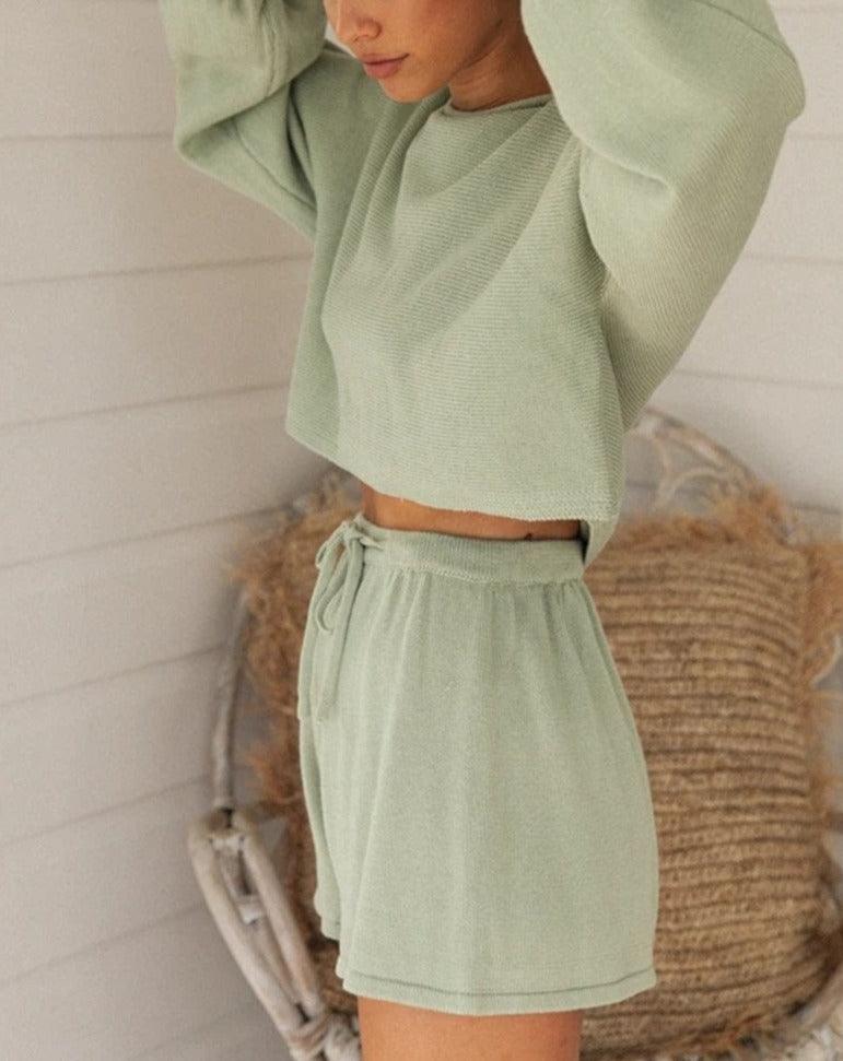 Knit Long Sleeve Top Solid Short Sets green