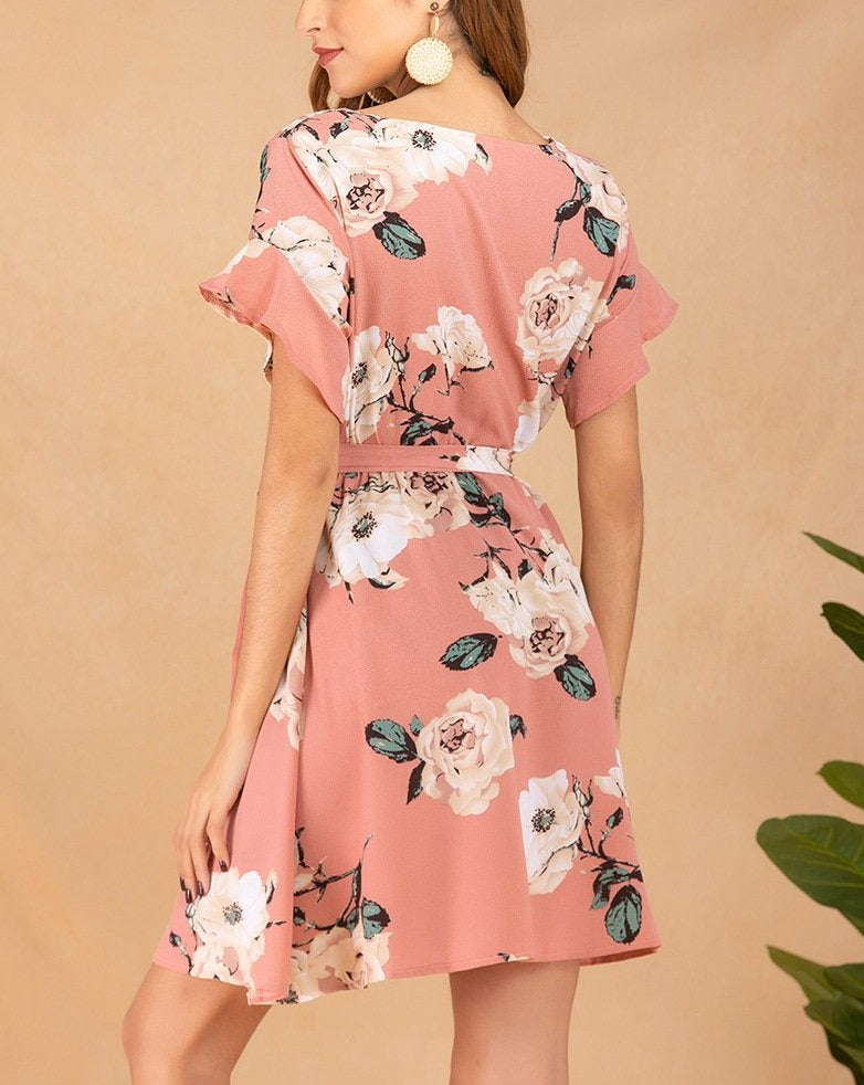 Boho Floral Short Sleeve V-Neck Mini Dress Pink