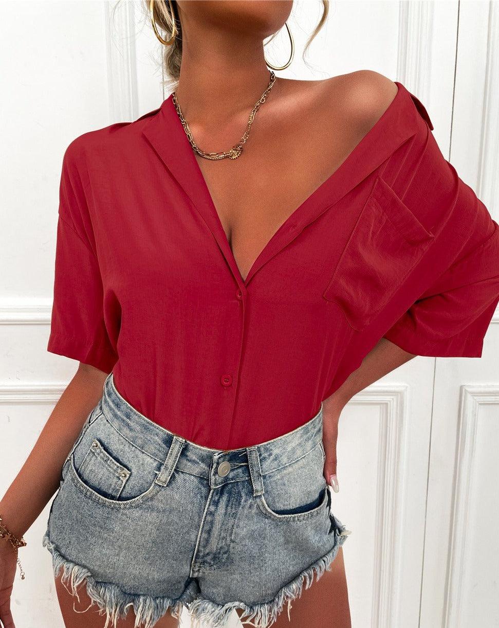 Solid Casual Short Shirt red