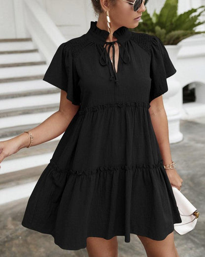 Solid Patchwork Short Sleeve Mini Dress black