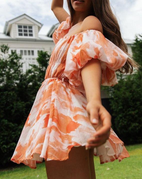 Short Balloon Sleeve Off Shoulder Tie Dye Milkmaid Dress Orange