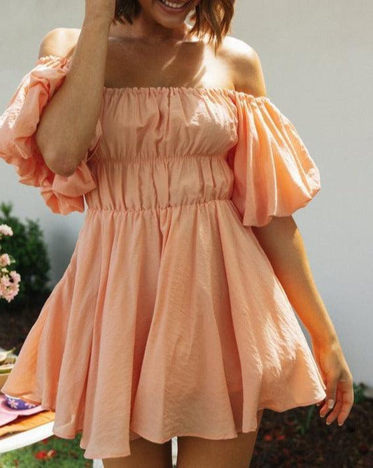 Short Balloon Sleeve Off Shoulder Milkmaid Dress Orange