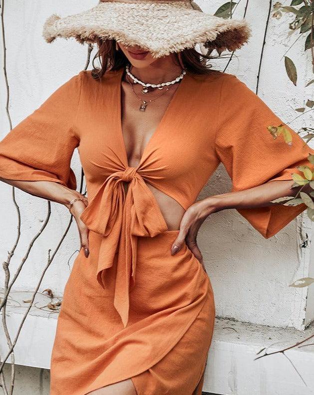 Boho Front Tie Wrap Mid Sleeve Mini Dress orange